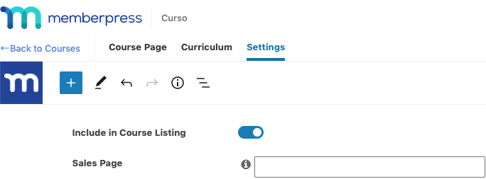 Apartado "Settings" de MemberPress Courses