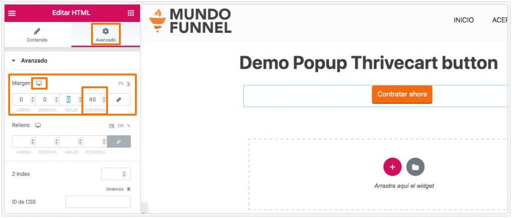 alinear al centro boton popup thrivecart en pagina Elementor
