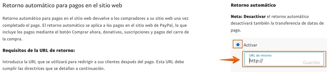 Activa la URL de retorno en PayPal