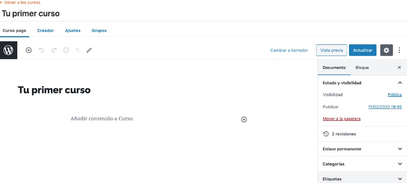 Interfaz de LearnDash para crear cursos