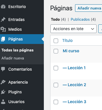 Curso creado con páginas en WordPress