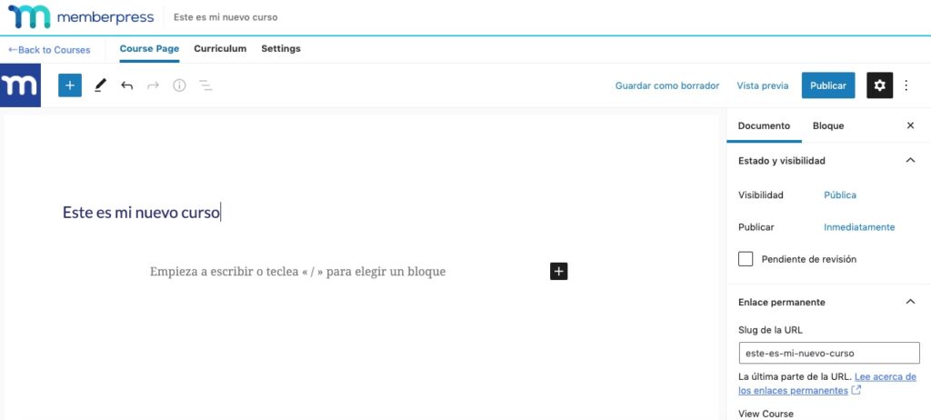 Pantalla de edición de cursos de MemberPress
