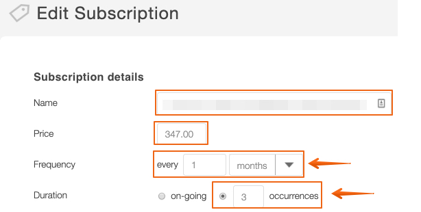 Pantalla de edición de una suscripción en SendOwl