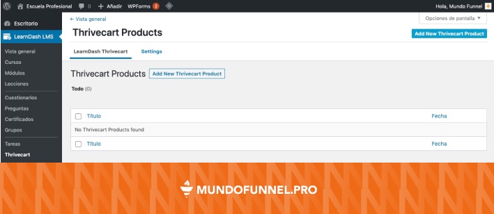 Interfaz del addon ThriveCart para LearnDash