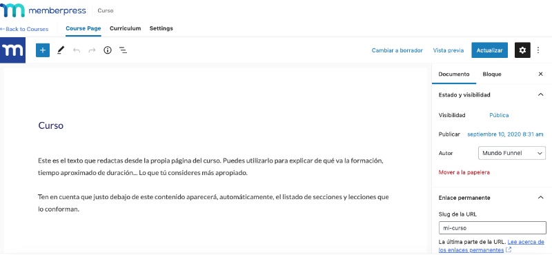Edición de la pantalla cursos