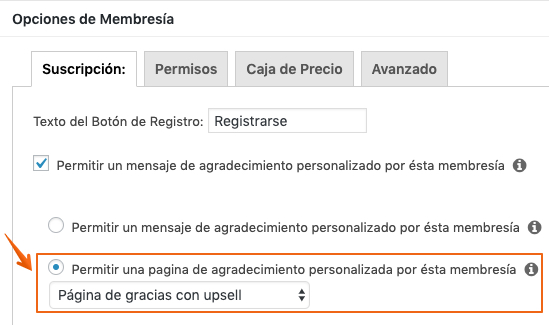 Página de gracias en membresía MemberPress