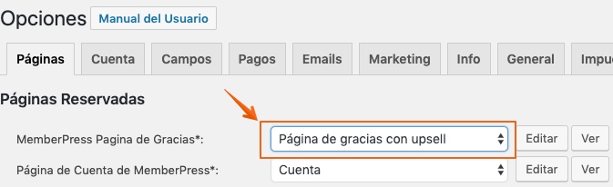 Página de gracias con upsell