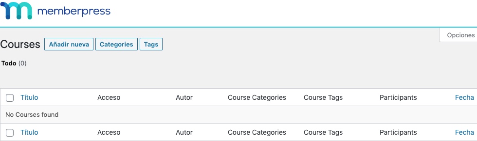 Pantalla de cursos en MemberPress