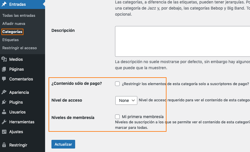Restringir contenido por categoría